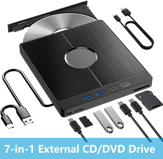 Main image of 7-in-1 External CD DVD Drive, USB 3.0 Type-C External CD/DVD Drive with SD/TF Card Reader, 2 USB A & 2 USB C Ports, Portable RW Burner for All PC Laptop/Desktop, Windows 11/10/8/7/XP/Vista/Linux/MacOS