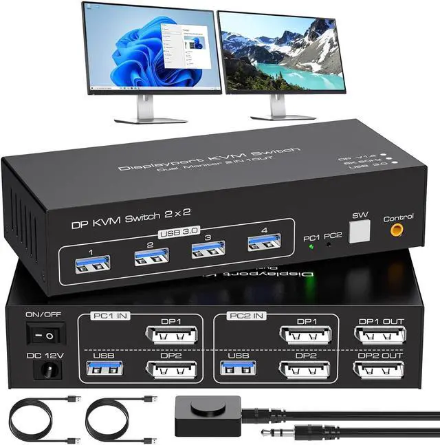 Main image of Dual Monitor DisplayPort KVM Switch 2 in 2 Out, 2 Port Displayport 1.4 KVM Switch 2 Computers 2 Monitors Share Keyboard Mouse Printer Support 4K@120Hz 8K@60Hz 4 Port USB 3.0 Support Desktop Control