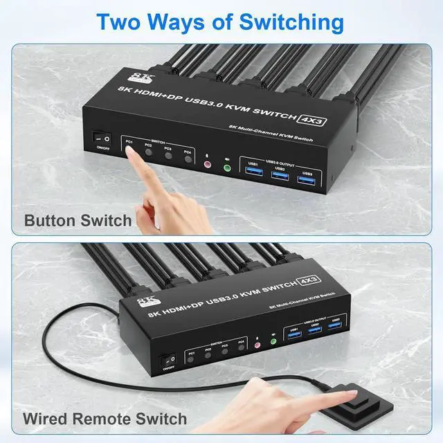 Alt view image 7 of 7 - KVM Switch 3 Monitors 4 Computers 8K@60Hz, 2 HDMI +1 Displayport Triple Monitor KVM Switch for 4 PCs Share 3 Monitor and 3 USB 3.0 Ports, with Audio Microphone Output Support Extended and Copy Mode
