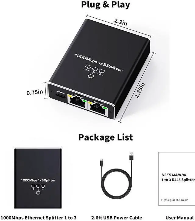 Alt view image 7 of 7 - Ethernet Splitter 1 to 3, Upgrade 1000Mbps High Speed Ethernet Cable Splitter 1 to 3 [3 Devices Simultaneous Networking], 1000Mbps RJ45 LAN Network Extension with USB Power Cable for Cat8/7/6 Cable