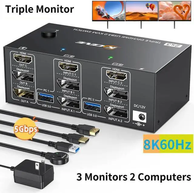Main image of 2 Displayport + 1 HDMI USB 3.0 KVM Switch 3 Monitors 2 Computers, 8K@60Hz,4K@144Hz Triple Monitor KVM with 4 USB 3.0 Ports, KVM Triple Monitor Keyboard Mouse Switcher,Included KVM Cables
