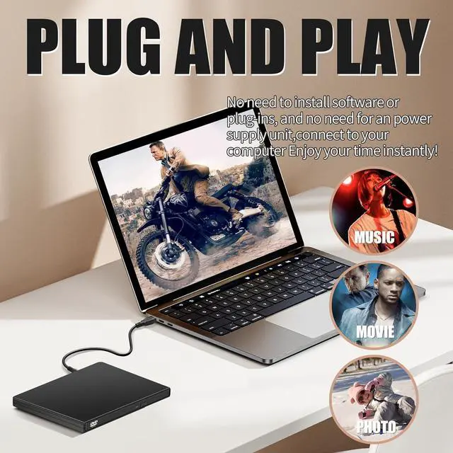 Alt view image 3 of 6 - External CD DVD Drive, USB 2.0 Portable Optical Disc Drive, External CD RW Reader DVD Player for Laptop Desktop PC Mac Windows 11/10/8/7, Mac, Linux OS