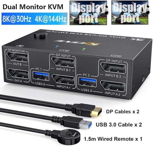 Main image of 8K@30Hz USB 3.0 Displayport KVM Switch 2 Monitors 2 Computers, DP 1.4 Dual Monitor KVM Switch 2 in 2 Out with 4* USB 3.0 Port for 2 Computers, with 2 DP Cables & USB Cables and Wired Controller