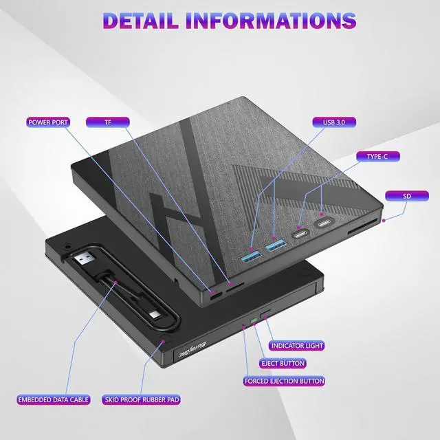 Alt view image 4 of 7 - External Blu-ray Drive,[7 in 1] USB 3.0 Type-C Optical External Bluray/DVD Drive Burner with SD/TF 2 USB A &USB C Ports, Support 100G Bluray Disc R/W for PC Compatible with Windows XP/7/8/10/11, MacOS