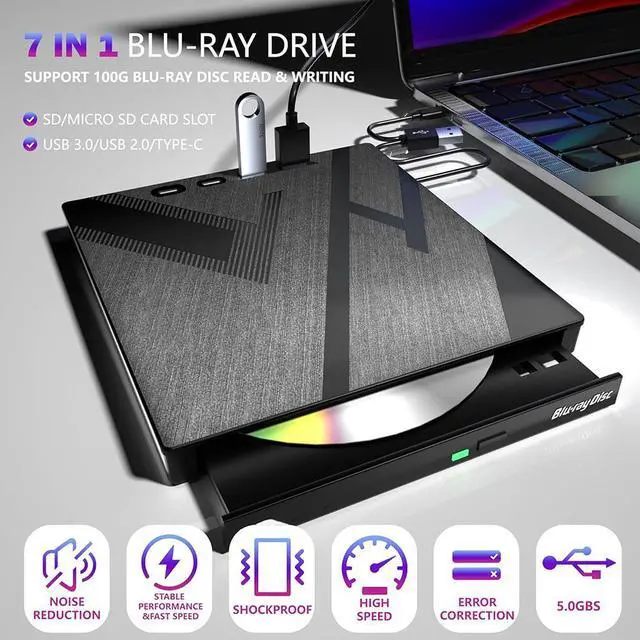 Alt view image 2 of 7 - External Blu-ray Drive,[7 in 1] USB 3.0 Type-C Optical External Bluray/DVD Drive Burner with SD/TF 2 USB A &USB C Ports, Support 100G Bluray Disc R/W for PC Compatible with Windows XP/7/8/10/11, MacOS