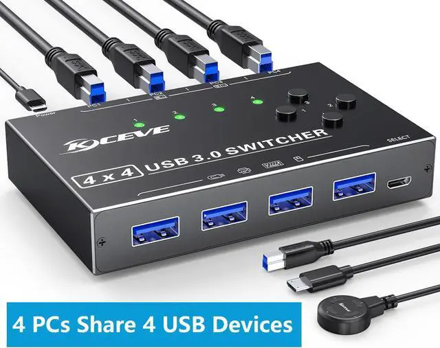 Main image of 4x4 USB 3.0 Switch 4 Computers, 4 Port USB 3.0 Switch Selector for 4 Computer Share 4 USB Devices,Keyboard Mouse Switch, 4 in 4 Out USB Switcher with Wired Remote and 4 Standard USB-B Cables