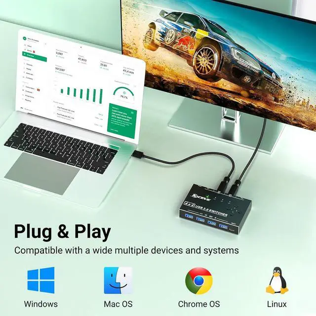 Alt view image 7 of 7 - 4x4 USB 3.0 Switch 4 Computers, 4 Port USB 3.0 Switch Selector for 4 Computer Share 4 USB Devices,Keyboard Mouse Switch, 4 in 4 Out USB Switcher with Wired Remote and 4 Standard USB-B Cables