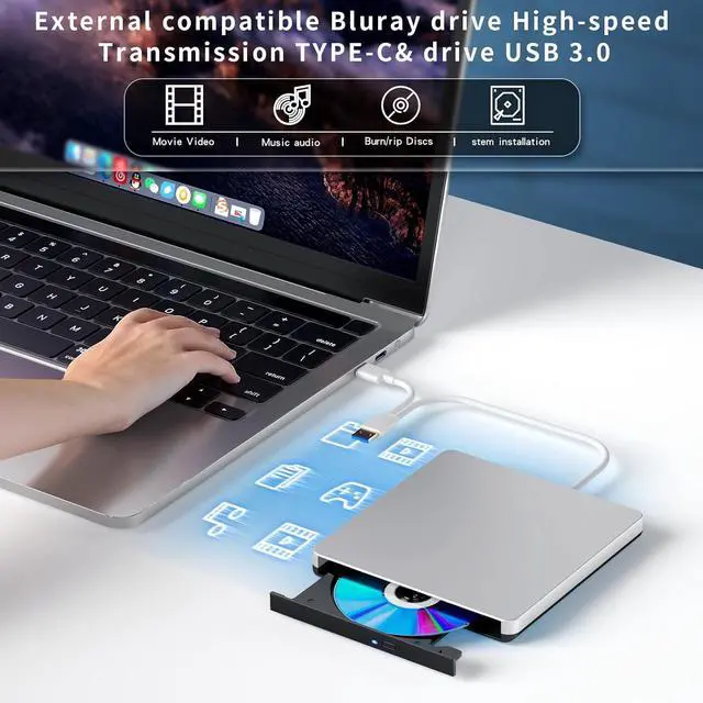 Alt view image 4 of 7 - External Blu-ray Drive, BD Player with Read/Write Capability Portable Blu-ray CD/DVD Drive Burner with USB 3.0 and Type-C DVD Burner 3D Blu-ray Drives Compatible with Windows and Mac OS PC Laptops