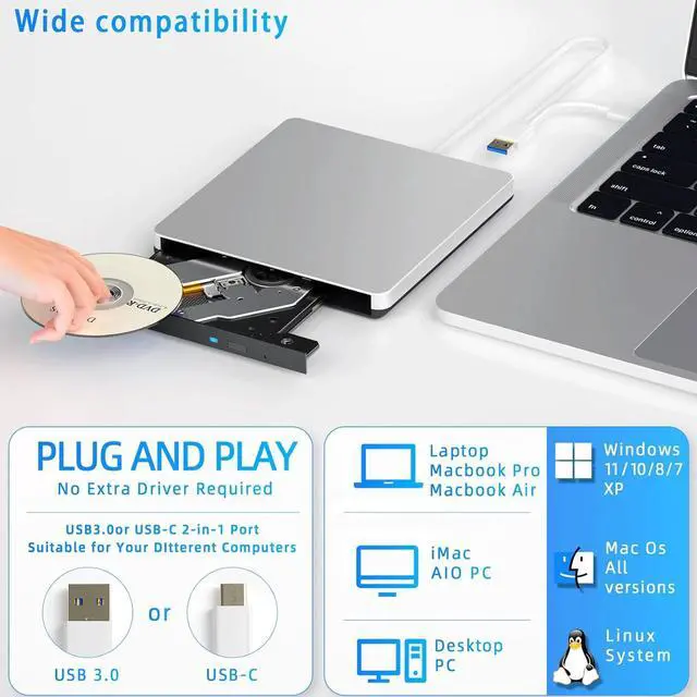 Alt view image 5 of 7 - External Blu-ray Drive, BD Player with Read/Write Capability Portable Blu-ray CD/DVD Drive Burner with USB 3.0 and Type-C DVD Burner 3D Blu-ray Drives Compatible with Windows and Mac OS PC Laptops