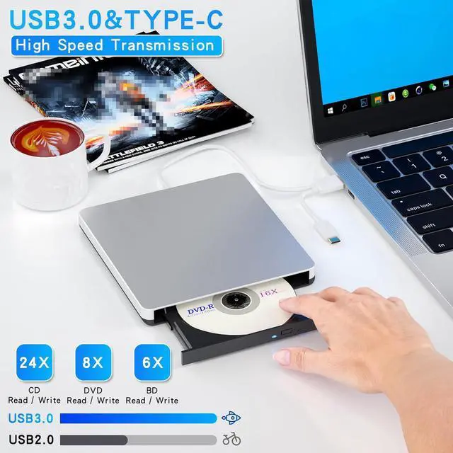 Alt view image 3 of 7 - External Blu-ray Drive, BD Player with Read/Write Capability Portable Blu-ray CD/DVD Drive Burner with USB 3.0 and Type-C DVD Burner 3D Blu-ray Drives Compatible with Windows and Mac OS PC Laptops