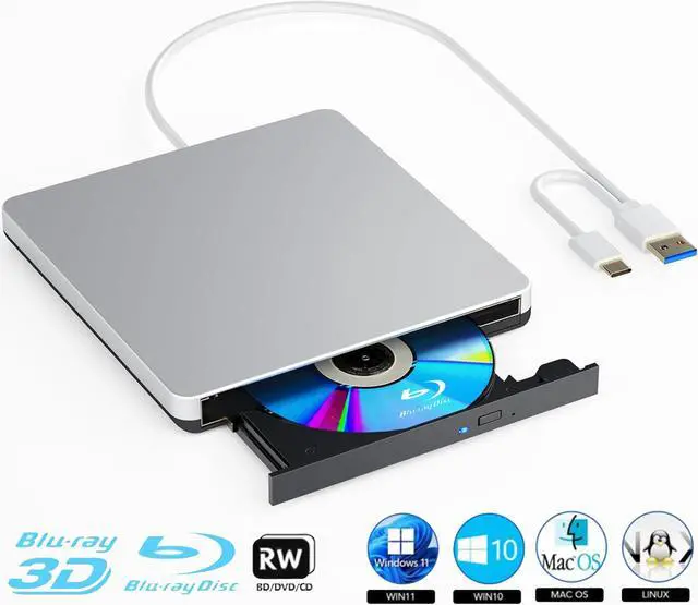 Main image of External Blu-ray Drive, BD Player with Read/Write Capability Portable Blu-ray CD/DVD Drive Burner with USB 3.0 and Type-C DVD Burner 3D Blu-ray Drives Compatible with Windows and Mac OS PC Laptops
