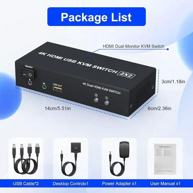 Alt view image 7 of 7 - Dual Monitor KVM Switch 2 Monitors 2 Computers, 2 Port 4K@60Hz HDMI KVM Switch Share 2 Monitor, Audio Mic Port and 3 USB Ports Support Extended and Copy Mode, PC Monitor Keyboard Mouse Switcher