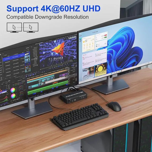 Alt view image 4 of 7 - Dual Monitor KVM Switch 2 Monitors 2 Computers, 2 Port 4K@60Hz HDMI KVM Switch Share 2 Monitor, Audio Mic Port and 3 USB Ports Support Extended and Copy Mode, PC Monitor Keyboard Mouse Switcher