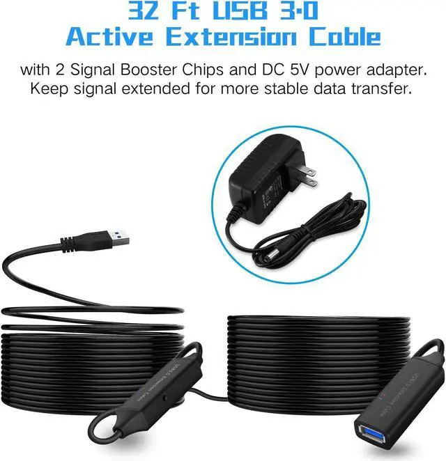 Alt view image 2 of 7 - USB 3.0 Active Extension Cable 33 Feet / 10M with 5V 2A Power Adapter, USB 3.0 Extender Cable Male to Female Cord with Built-in Signal Booster Chips for Xbox, PS4, USB Printer, Mouse, Keyboard, etc