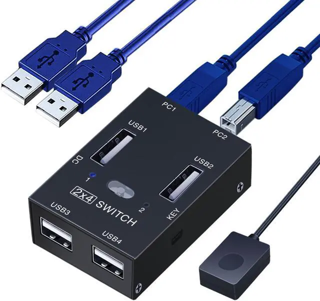 Main image of 2x4 USB 2.0 Switch for 2 PCs, USB Switch 2 in 4 Out USB KVM Switch for PC, Printer, Scanner, Keyboard, USB 2.o Switch for 2 Computers Share 4 USB Devices