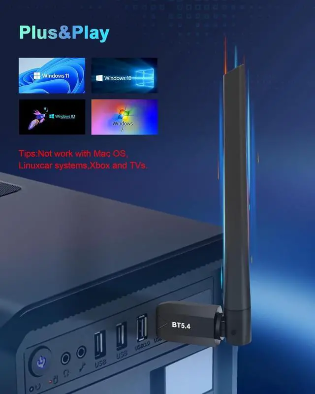 Alt view image 6 of 7 - Bluetooth 5.4 Adapter for PC, 2x5dBi USB Bluetooth Dongle BT5.4 EDR Adapter for Laptop Keyboard Mouse Headsets Speakers, 150M Long Range Bluetooth USB Adapter Supports Windows 11/10/8.1(Plug and Play)