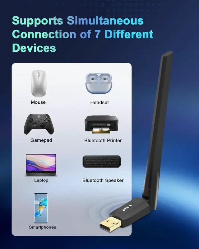 Alt view image 7 of 7 - Bluetooth 5.4 Adapter for PC, 2x5dBi USB Bluetooth Dongle BT5.4 EDR Adapter for Laptop Keyboard Mouse Headsets Speakers, 150M Long Range Bluetooth USB Adapter Supports Windows 11/10/8.1(Plug and Play)