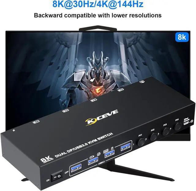Alt view image 5 of 7 - Displayport KVM Switch 4 Computers 2 Monitors 8K@30Hz 4K@144Hz, Dual Monitor DP KVM Switch for 4 Computers Share 2 Monitor and 4 USB 3.0 Port Keyboard Mouse,Wired Remote and USB Cables Included