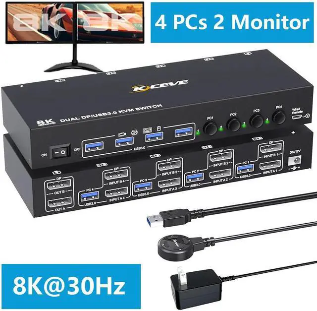 Main image of Displayport KVM Switch 4 Computers 2 Monitors 8K@30Hz 4K@144Hz, Dual Monitor DP KVM Switch for 4 Computers Share 2 Monitor and 4 USB 3.0 Port Keyboard Mouse,Wired Remote and USB Cables Included