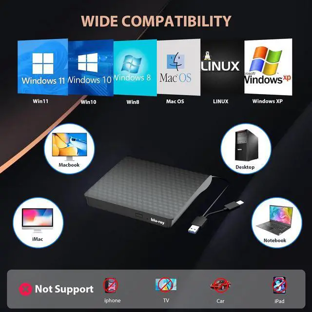 Alt view image 5 of 7 - External Bluray Drive, USB 3.0 and Type-C External Blu Ray Burner Player Slim 3D Optical CD DVD Drive, Blu-Ray DVD CD Player Compatible with Windows XP/7/8/10/11 Mac OS for PC Laptop Desktop MacBook