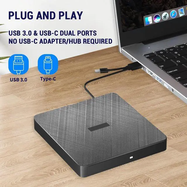 Alt view image 2 of 7 - External CD DVD Drive, Portable DVD Player for Laptop, USB 3.0&Type C External CD/DVD Burner, CD ROM Optical USB DVD Drive External is Suitable for PC, Desktop, Windows 7/8/10/11, Mac OS and Linux