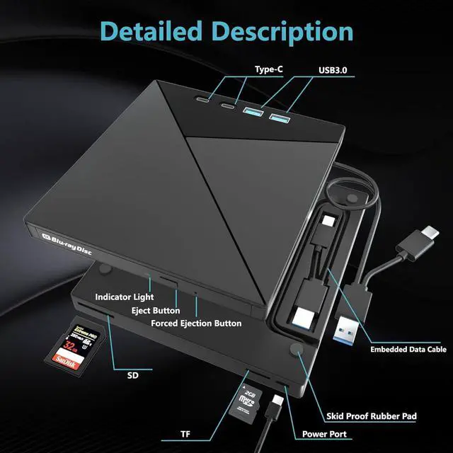 Alt view image 2 of 7 - 7 in 1 External Blu Ray Drive, USB 3.0 Type-C External Blu Ray Drive, CD DVD Burner 3D BD Player with 2 USB A & 2 USB C, SD/TF Ports, 4K Blu Ray Burner DVD Drive Compatible with Windows, Linux, MacOS