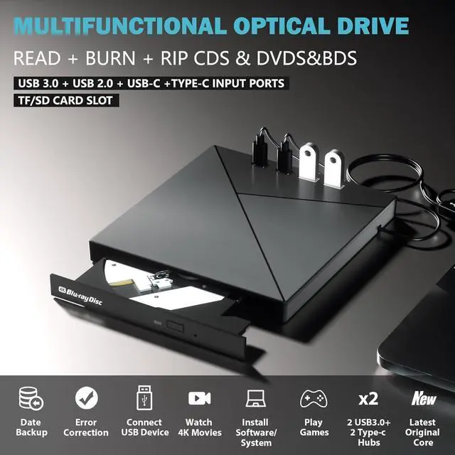 Alt view image 5 of 7 - 7 in 1 External Blu Ray Drive, USB 3.0 Type-C External Blu Ray Drive, CD DVD Burner 3D BD Player with 2 USB A & 2 USB C, SD/TF Ports, 4K Blu Ray Burner DVD Drive Compatible with Windows, Linux, MacOS