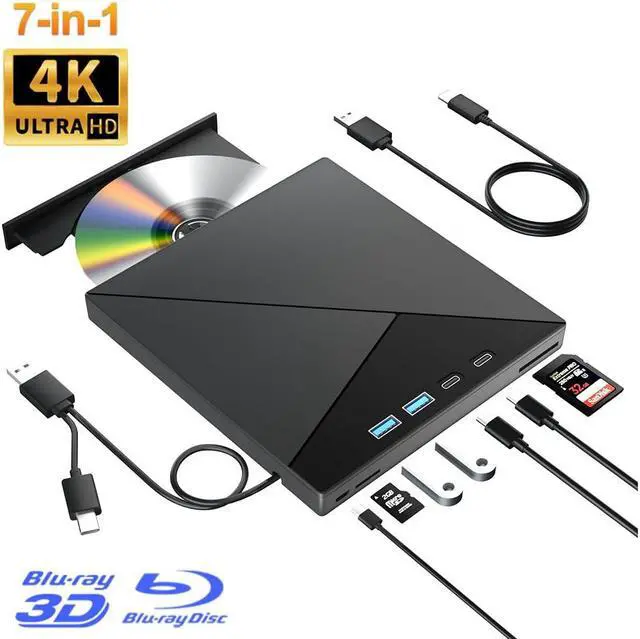 Main image of 7 in 1 External Blu Ray Drive, USB 3.0 Type-C External Blu Ray Drive, CD DVD Burner 3D BD Player with 2 USB A & 2 USB C, SD/TF Ports, 4K Blu Ray Burner DVD Drive Compatible with Windows, Linux, MacOS