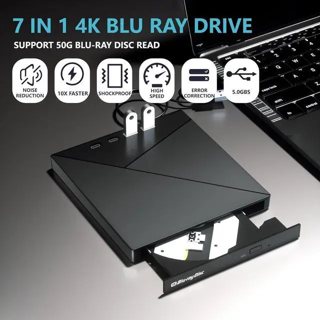 Alt view image 3 of 7 - 7 in 1 External Blu Ray Drive, USB 3.0 Type-C External Blu Ray Drive, CD DVD Burner 3D BD Player with 2 USB A & 2 USB C, SD/TF Ports, 4K Blu Ray Burner DVD Drive Compatible with Windows, Linux, MacOS