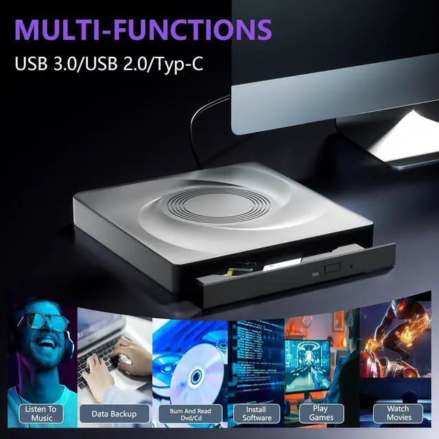 Alt view image 4 of 7 - AUTYUE Portable DVD Player For Laptop CD Burner For Laptop, External CD/DVD Drive, CD ROM, USB 3.0 &Type-C External Optical DVD Drive Compatible with Laptop PC Windows 11/10//7 Linux Mac OS