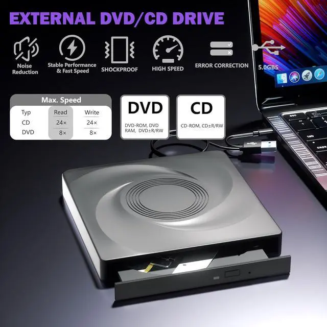 Alt view image 2 of 7 - AUTYUE Portable DVD Player For Laptop CD Burner For Laptop, External CD/DVD Drive, CD ROM, USB 3.0 &Type-C External Optical DVD Drive Compatible with Laptop PC Windows 11/10//7 Linux Mac OS