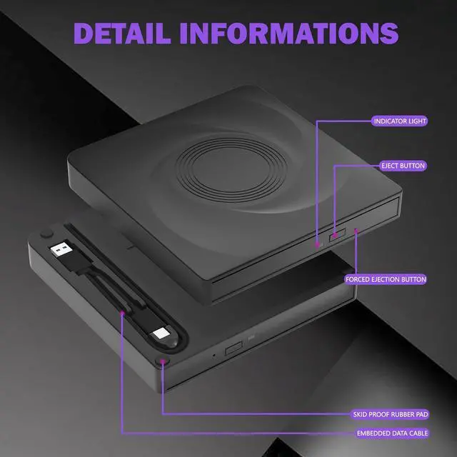 Alt view image 5 of 7 - AUTYUE Portable DVD Player For Laptop CD Burner For Laptop, External CD/DVD Drive, CD ROM, USB 3.0 &Type-C External Optical DVD Drive Compatible with Laptop PC Windows 11/10//7 Linux Mac OS
