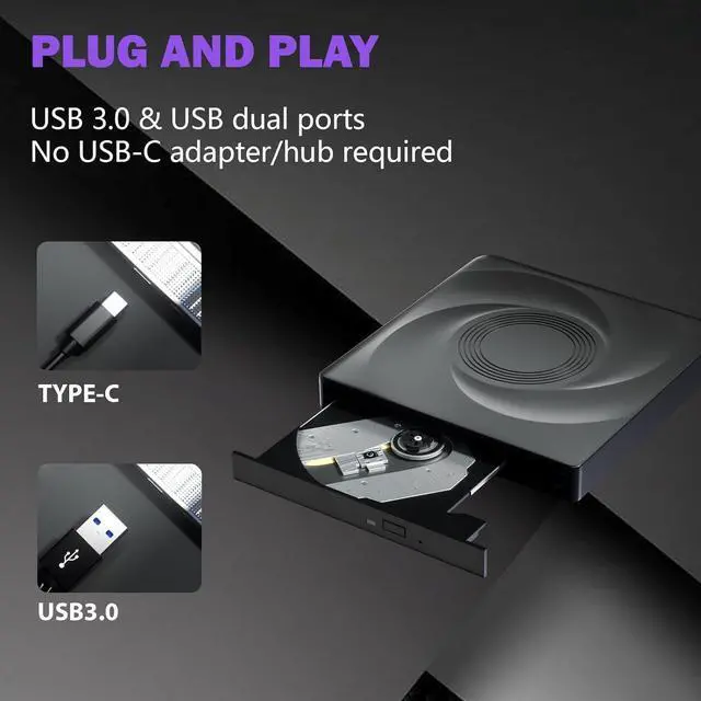 Alt view image 3 of 7 - AUTYUE Portable DVD Player For Laptop CD Burner For Laptop, External CD/DVD Drive, CD ROM, USB 3.0 &Type-C External Optical DVD Drive Compatible with Laptop PC Windows 11/10//7 Linux Mac OS