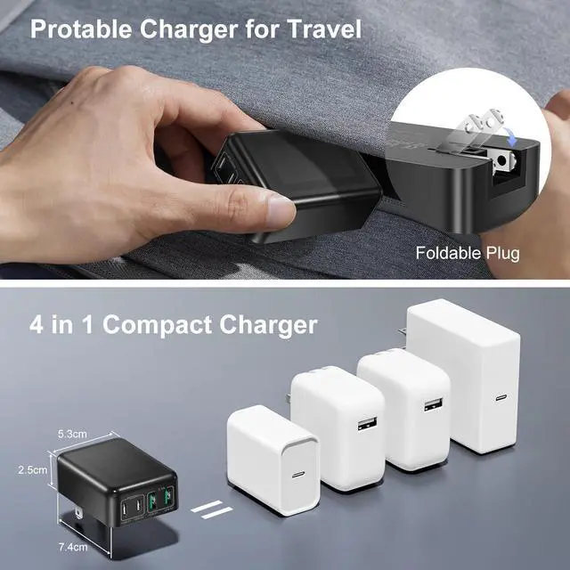 Alt view image 5 of 7 - [2 Pack] Flat USB C Wall Charger, 40W Foldable & Slim Fast Charging Block, 4 Ports [2 USA & 2 USB C] Charger Block Cube Box Compatible with Smartphones, Tablets, Multiport Power Adapter USB Plug Brick