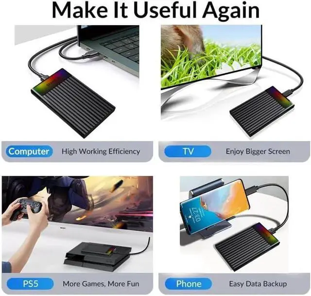 Alt view image 4 of 7 - 2.5" External Hard Drive Enclosure with RGB Light USB 3.2 to SATA III Adapter Supports 2.5 Inch SSD/HDD Box for 9.5mm 7mm Hard Disk Case Compatible with To-sh-iba S-a-m-s-u-n-g WD, Xbox PC TV