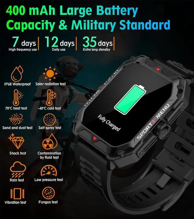 Alt view image 3 of 6 - Military Smart Watch for Men(Answer/Make Call) 2.02" Smartwatch with Heart Rate Blood Oxygen Sleep Monitor 128 Sports Modes Fitness Tracker Step Calorie Counter IP68 Waterproof for IOS Android Phones