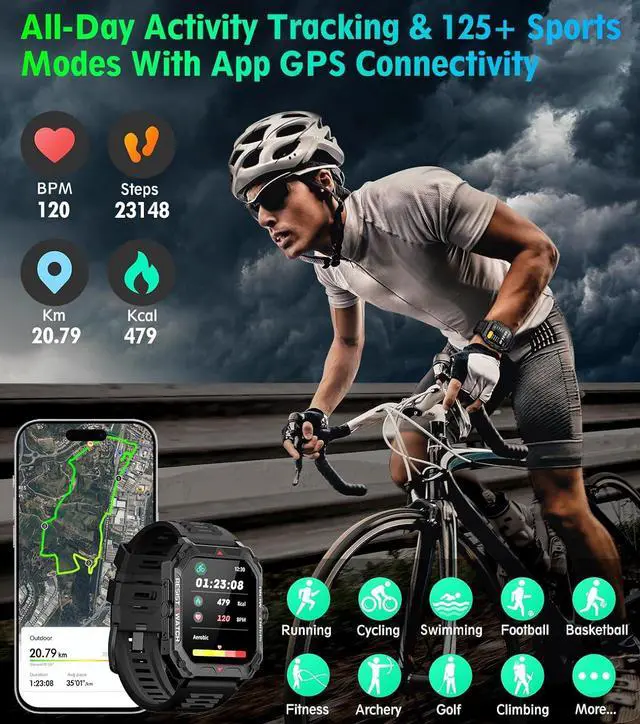 Alt view image 6 of 6 - Military Smart Watch for Men(Answer/Make Call) 2.02" Smartwatch with Heart Rate Blood Oxygen Sleep Monitor 128 Sports Modes Fitness Tracker Step Calorie Counter IP68 Waterproof for IOS Android Phones