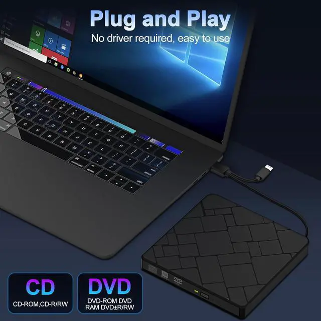 Alt view image 4 of 7 - External CD DVD Drive for Laptop USB 3.0 Type-C Slim Portable Player CD DVD RW Writer Reader Burner, Low Noise Optical External Disk Drive for Desktop, PC, MacOS, Windows 11/10/8/7/XP/2003/Vista/Linux