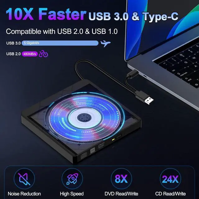 Alt view image 2 of 7 - External CD DVD Drive for Laptop USB 3.0 Type-C Slim Portable Player CD DVD RW Writer Reader Burner, Low Noise Optical External Disk Drive for Desktop, PC, MacOS, Windows 11/10/8/7/XP/2003/Vista/Linux