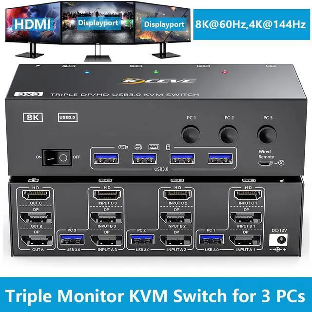 Main image of IHDAPP KVM Switch for 3 Computers 3 Monitors 8K@60Hz, HDMI + 2* Displayport Triple Monitor KVM Switch, KVM with 4 USB 3.0 Ports for Keyboard Mouse Printer, Wired Remote and Power Adapter Included