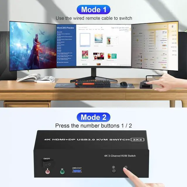 Alt view image 7 of 7 - IHDAPP [2 HDMI + 1 Displayport] KVM Switch 3 Monitor 2 Computers, 4K@60Hz Triple Monitor KVM Switch with Audio&microphone and 3 USB 3.0 Ports, 2 Computers Share 3 Monitors Keyboard Mouse Switcher