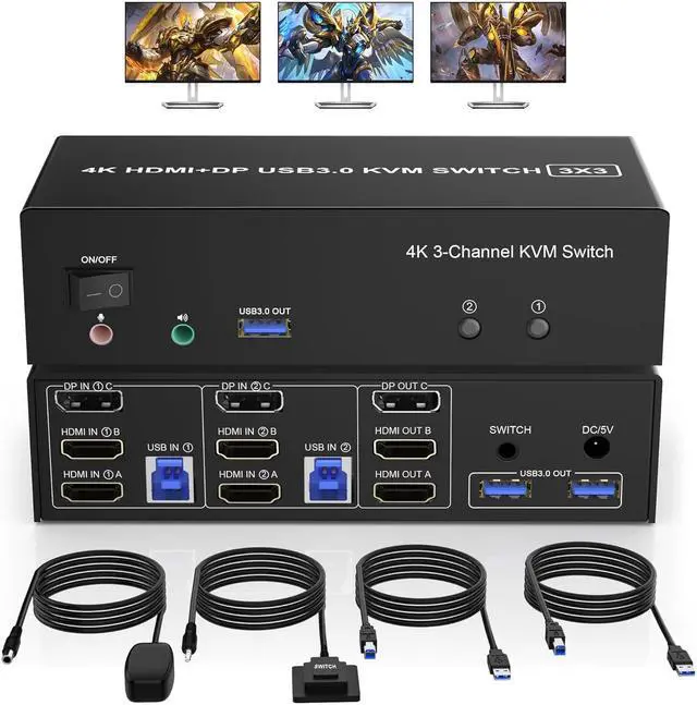 Main image of IHDAPP [2 HDMI + 1 Displayport] KVM Switch 3 Monitor 2 Computers, 4K@60Hz Triple Monitor KVM Switch with Audio&microphone and 3 USB 3.0 Ports, 2 Computers Share 3 Monitors Keyboard Mouse Switcher