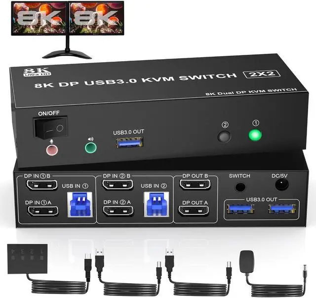 Main image of IHDAPP 8K@60Hz USB 3.0 Displayport KVM Switch 2 Monitors 2 Computers, DP 1.4 Dual Monitor KVM Switch with Audio Microphone Output and 3 USB 3.0 Ports, Wired Remote and 2 USB Cables Included giyqxHw