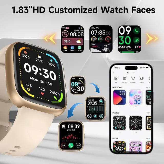Alt view image 4 of 7 - IHDAPP Smart Watch, Alexa Built-in Smartwatch(Answer/Make Calls),1.83" HD Fitness Tracker,IP68 Waterproof 100+ Sport Mode Activity Tracker,Heart Rate SpO2 Sleep Monitor, iOS Android Compatible (Gold)