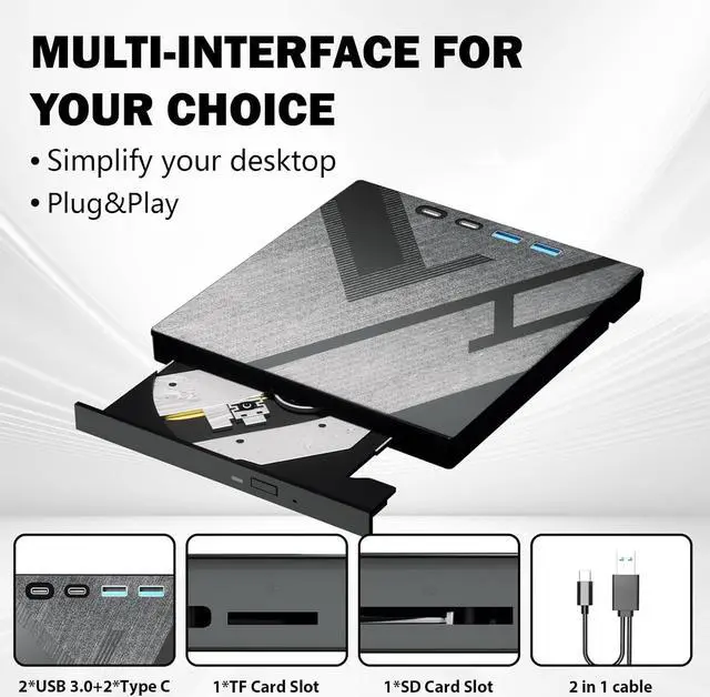 Alt view image 3 of 7 - IHDAPP [7 in 1] External DVD Drive, External CD/DVD Drive for Laptop with USB A & USB C Ports and SD/TF Port, CD DVD Burner DVD Player USB 3.0/Type C, CD ROM External Drive for PC Laptop Windows Linux