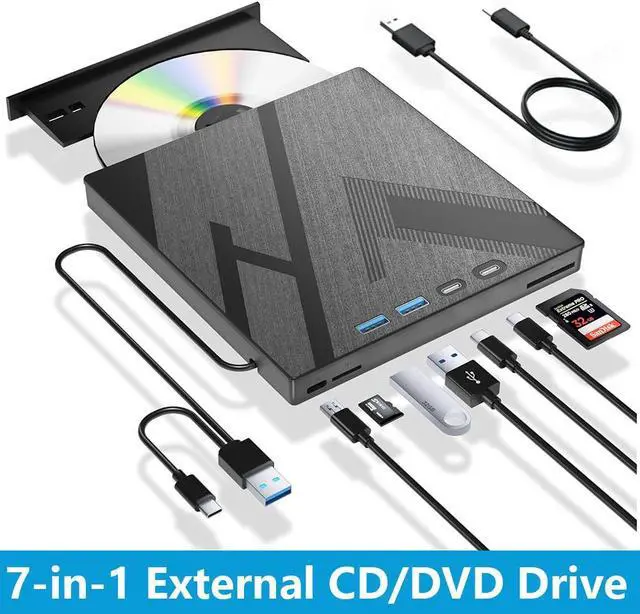 Main image of IHDAPP [7 in 1] External DVD Drive, External CD/DVD Drive for Laptop with USB A & USB C Ports and SD/TF Port, CD DVD Burner DVD Player USB 3.0/Type C, CD ROM External Drive for PC Laptop Windows Linux