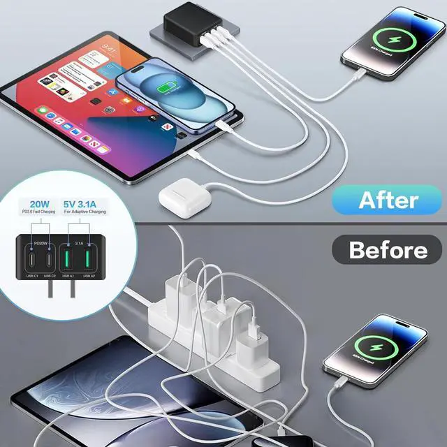 Alt view image 6 of 7 - IHDAPP Flat USB C Wall Charger [3 Pack], Slim Fast Charging Block, 40W 4-Port USB C Charger Block Type C Power Adapter with Foldable Plug Compatible for i-Phone Android Cellphones Tablet PC.. (Black)