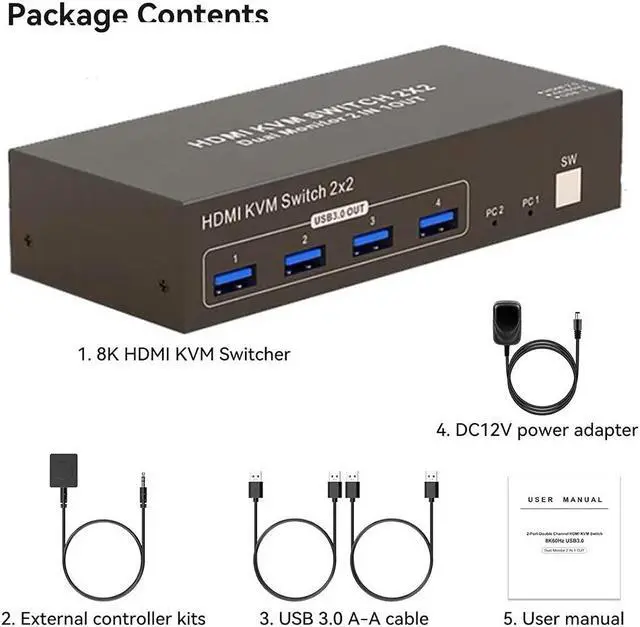 Alt view image 7 of 7 - IHDAPP 4K Dual Monitor HDMI KVM Switch 2 Monitors 2 Computers 4K@60Hz, USB 3.0 2x2 HDMI KVM Switcher PC Extended Display for 2 PC Share 4 USB 3.0 Devices, Desktop Controller & 2 USB Cables Included