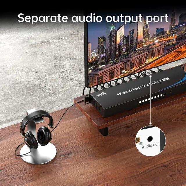 Alt view image 5 of 7 - IHDAPP 8 Port Real Seamless Switching HDMI KVM Switch 8 Computers 4K@30Hz 1U Rack Mount, 8 in 2 Out HDMI KVM Switch with 3.5mm Audio Extractor, Desktop Controller, Hotkey, Mouse, RS232 Code Switching