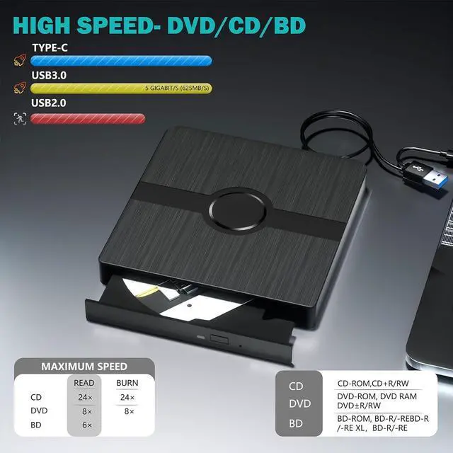 Alt view image 3 of 7 - IHDAPP External Blu Ray Drive, USB 3.0 & Type-C External Blu-Ray Drive, Portable Blu Ray DVD/CD/BD Player, 3D Optical Bluray Drive Compatible With Laptop Desktop PC Windows XP/7/8/10/11 MacOS